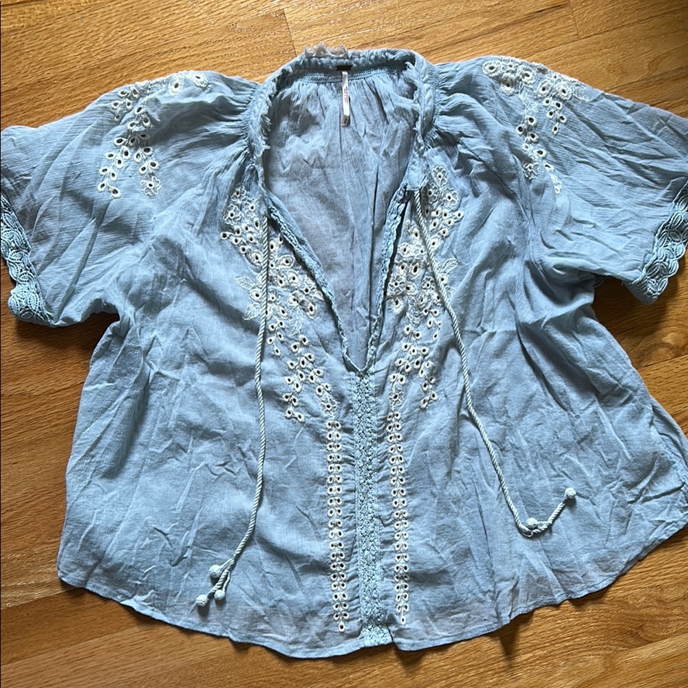 Free People Blue Embellished Tie Front Blouse